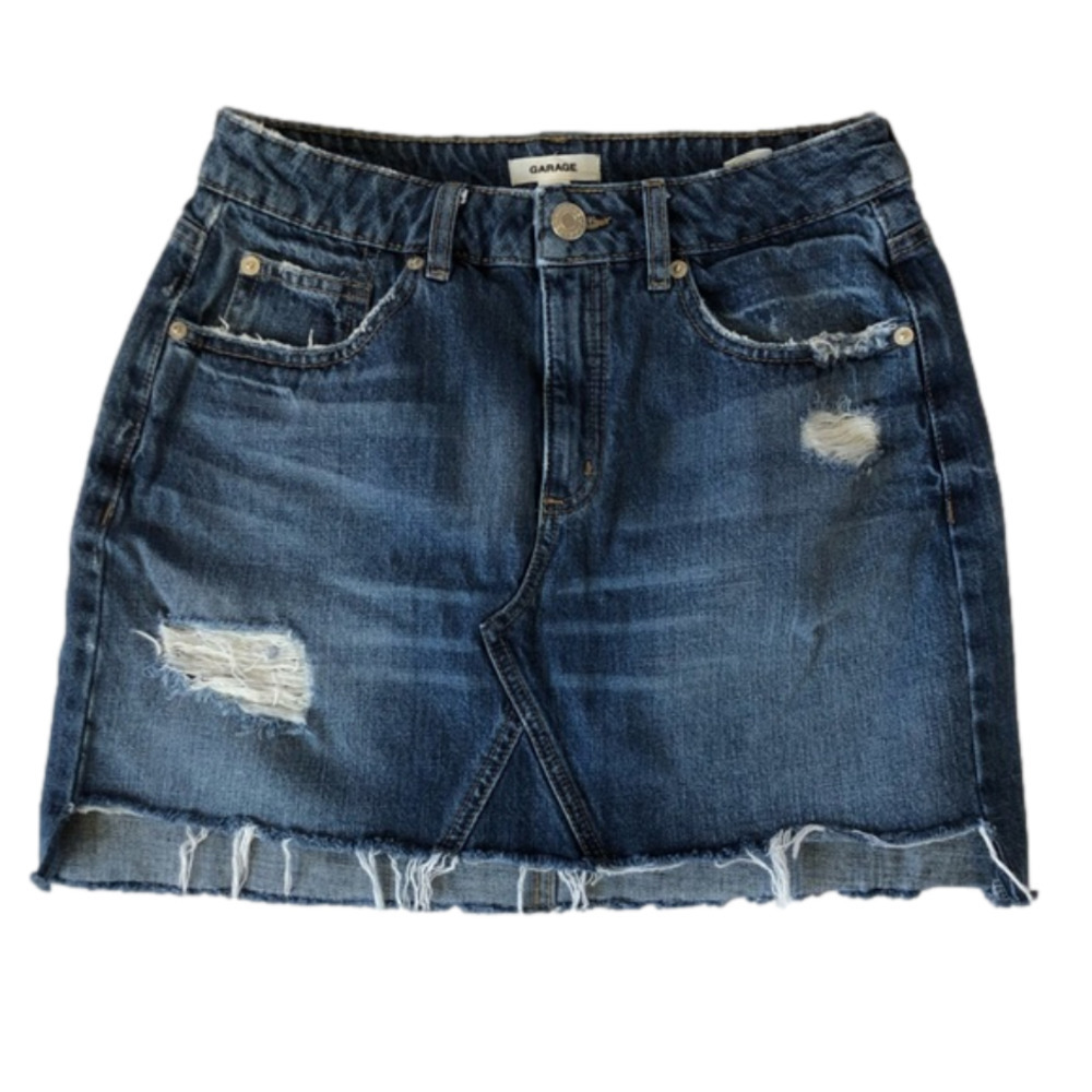 Garage Dark Wash Distressed Denim Blue Jean Mini Skirt Size Small Petite Raw Hem